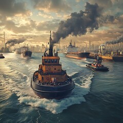 Fototapeta premium Tugboats navigate a busy industrial harbor at sunrise, amidst smoke stacks and cargo ships.