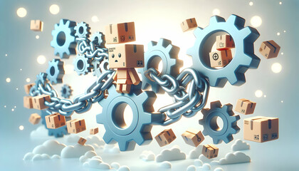 Obraz premium 3D Floating supply chain and gear concept as Sophisticated vector of supply chain and gear floating with soft bokeh background representing operational costs and efficiency in logistics with ample cop