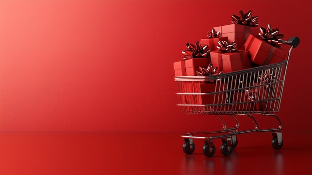 shopping cart filled with Christmas Gift boxes with red bows on a red background with space for text, Christmas and New Year sale minimal concept. Gifts in toy shopping cart - Powered by Adobe