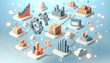 3D Floating supply chain diagram and bar chart concept as Professional vector of supply chain diagram and bar chart floating with soft abstract bokeh background symbolizing logistics efficiency and co