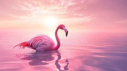 Fototapeta premium A flamingo wading in reflective pink hued waters during sunset, elegant and serene.