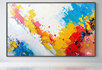 Vibrant abstract artwork brightens modern gallery space with vivid colors and textures