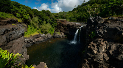 Tropical Waterfall Amidst Volcanic Rocks and Lush Foliage