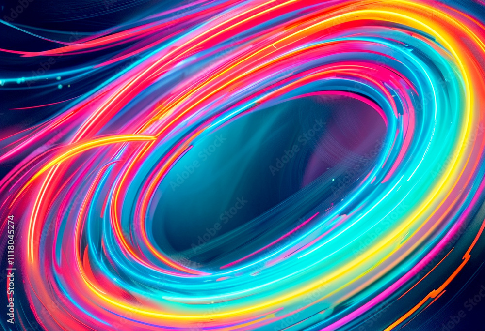 Poster vivid swirls of neon light create a mesmerizing abstract pattern in dark space