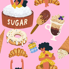 Seamless pattern, sugar addiction, desserts, sweets, girl, woman character, hand drawn, vector.