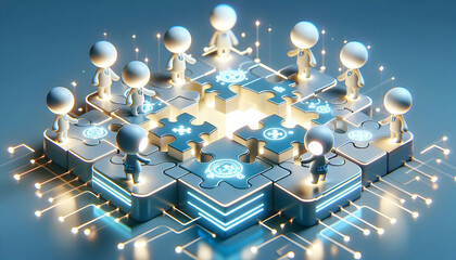3D Futuristic close up of puzzle pieces with digital interfaces being connected by team members symbolizing advanced collaboration copy space on bottom. concept as Futuristic close up of puzzle pieces