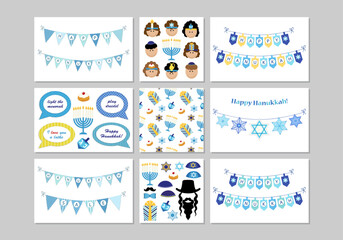 Cute set of Happy Hanukkah, Festival of Lights backgrounds in flat style