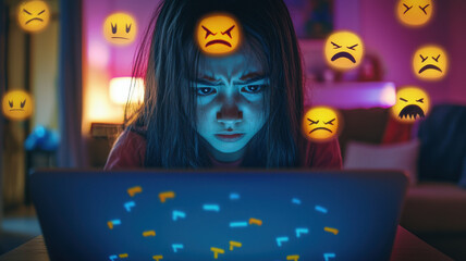 cyberbullying concept, teen girl focused laptop, expressing