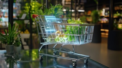 Futuristic shopping cart with glowing digital display