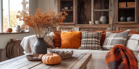 Cozy autumn decor with warm colors enhances the inviting atmosphere of a rustic living space