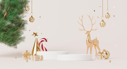 3D render, Merry Christmas scene with empty podium for product showing decorated with gold reindeer, holiday decor candy cane and ornaments.