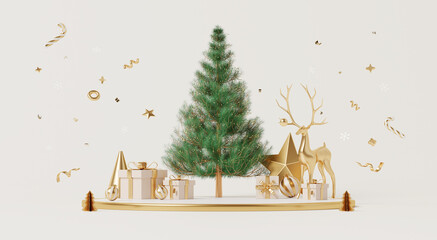 3D render, Merry Christmas and happy new year background with podium, golden holiday reindeer with Christmas tree and gift decor arrangement.