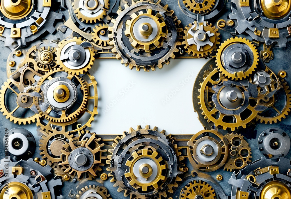 Poster intricate arrangement of gears and cogs in a steampunk design for creative projects