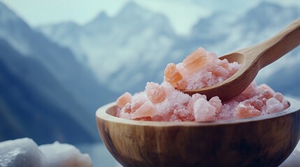 Himalayan pink rock salt in a wooden bowl and a spoon scooping out, snowy mountain background