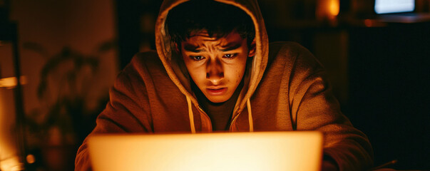 cyberbullying concept, teenager in hoodie focused on laptop