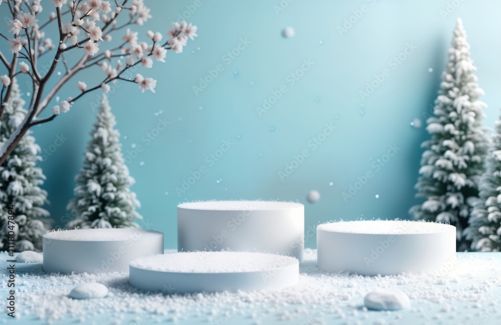Poster winter scene four display podiums covered in snow. snowy trees, cherry blossoms add touch of winter 