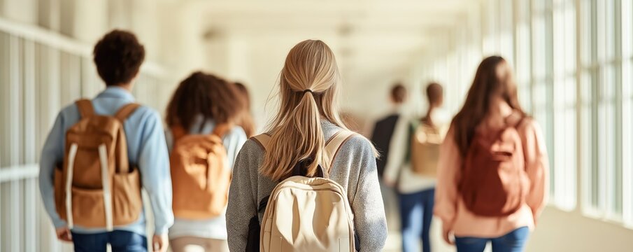 High school students walk in hallway talking. Many students backpacks. Likely junior high high school students. Photo shows group of young people moving from one place to another. Setting school