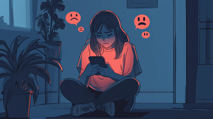 cyberbullying concept, woman sitting on floor, looking sad