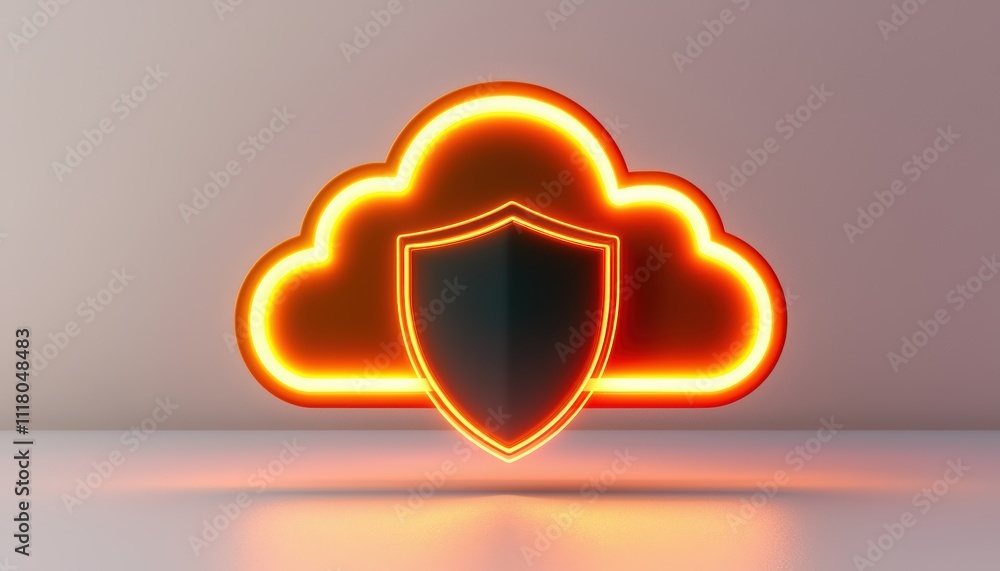 Poster a glowing cloud icon with a shield overlay, an abstract representation of cloud security featuring a