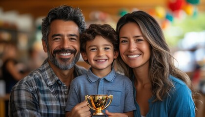 Obraz premium Proud child holding trophy with beaming parents celebrating achievement