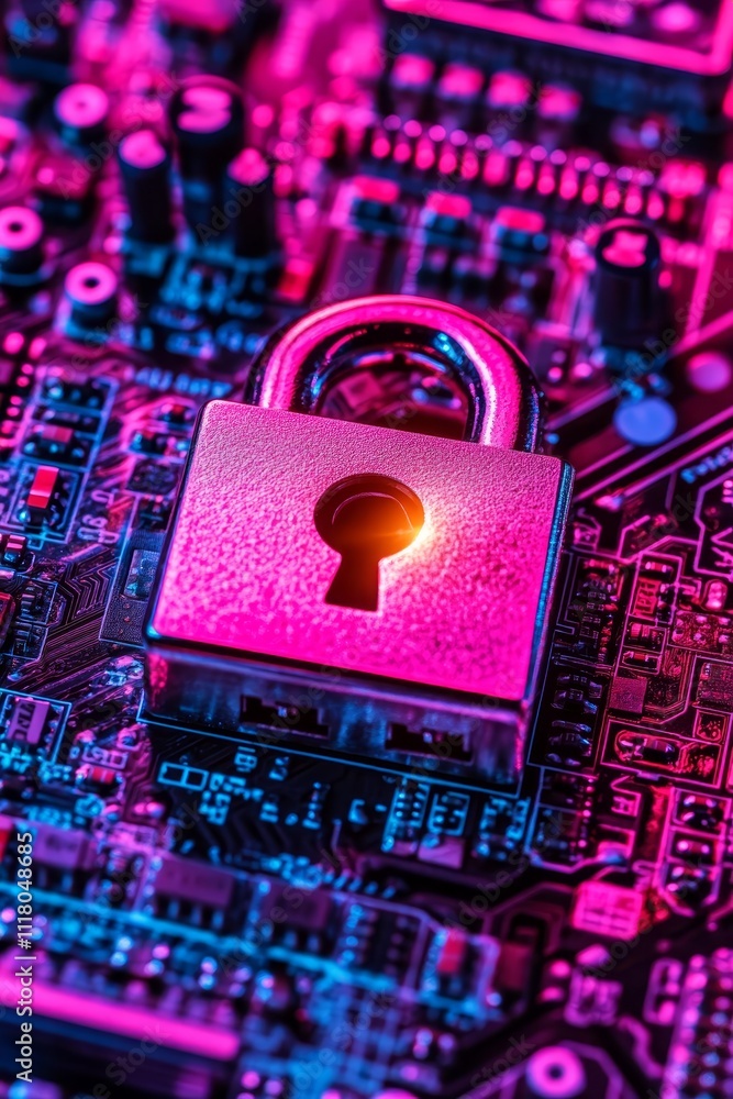 Poster digital padlock on circuit board, cybersecurity and data protection with network security technology