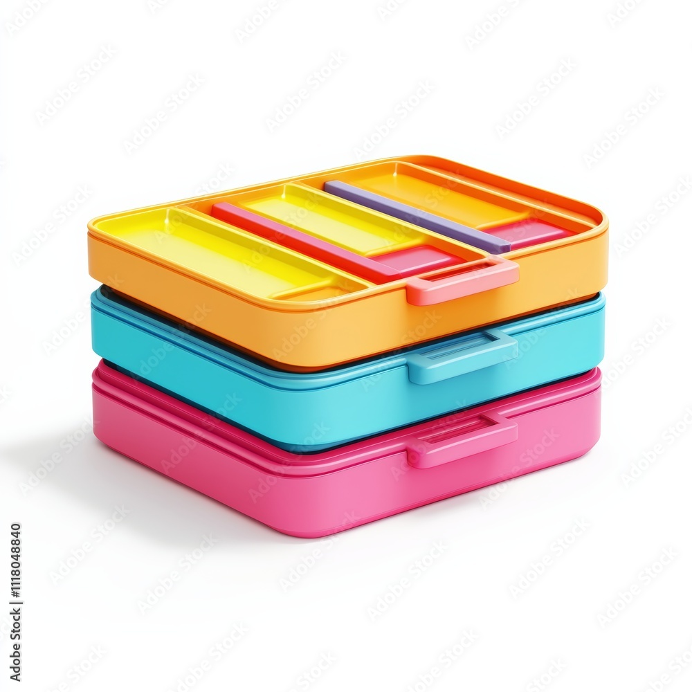 Poster 3d minimal icon of a thermal lunch box with multiple compartments and layers, featuring vibrant colo