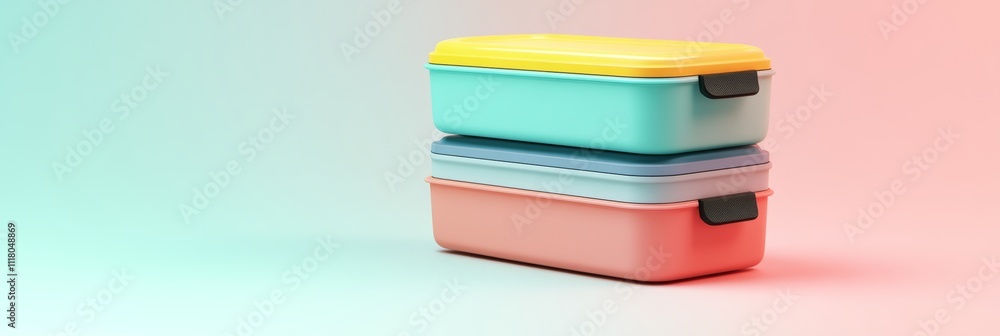 Poster 3d mockup of a colorful multi-compartment thermal lunch box in a sleek design, floating above a neut