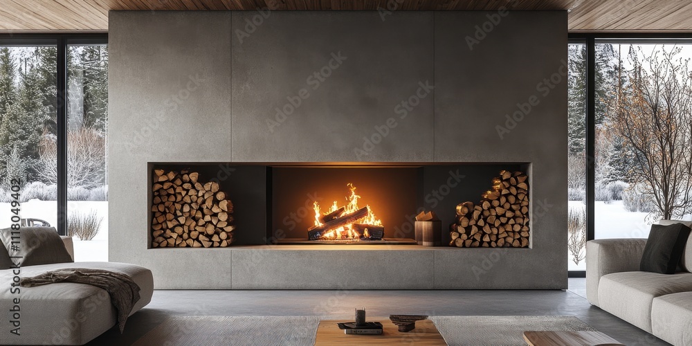 Poster cozy winter retreat with modern fireplace and snowy forest view capturing warmth and serenity in a r