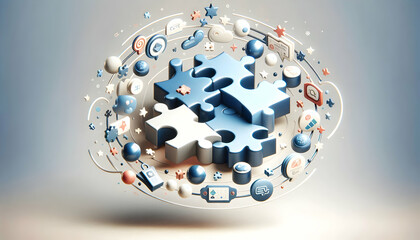 3D Glossy background with puzzle pieces coming together concept as A glossy background with puzzle pieces coming together symbolizing strategic alignment in scaling a business. The reflective surface 