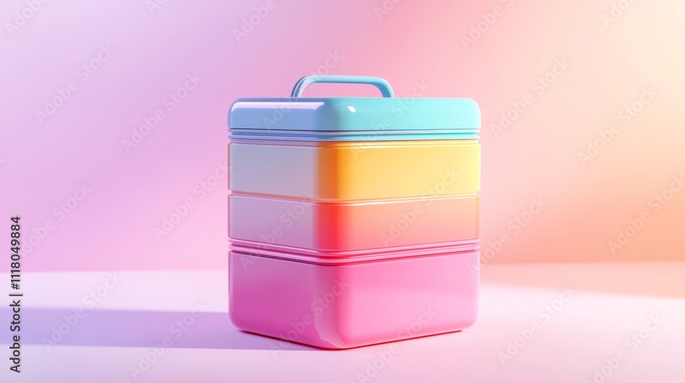 Poster bright 3d lunch box icon with colorful layers, positioned in an abstract studio setup with soft ligh
