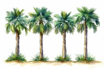 A watercolor illustration of four palm trees with lush foliage and grassy surroundings.