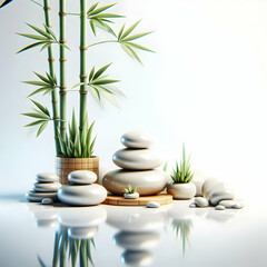 3D Glossy background with zen stones and bamboo plants copy space on side. concept as Serene glossy background featuring zen stones and bamboo plants arranged harmoniously symbolizing balance and tran