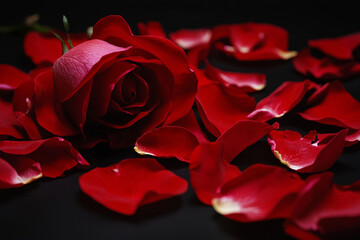 Naklejka premium Romantic red rose on a dark background with scattered petals