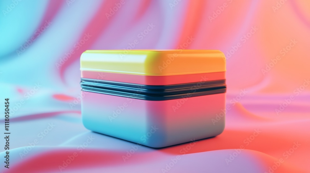 Poster colorful and modern thermal lunch box with visible layers, floating in an abstract 3d studio setup