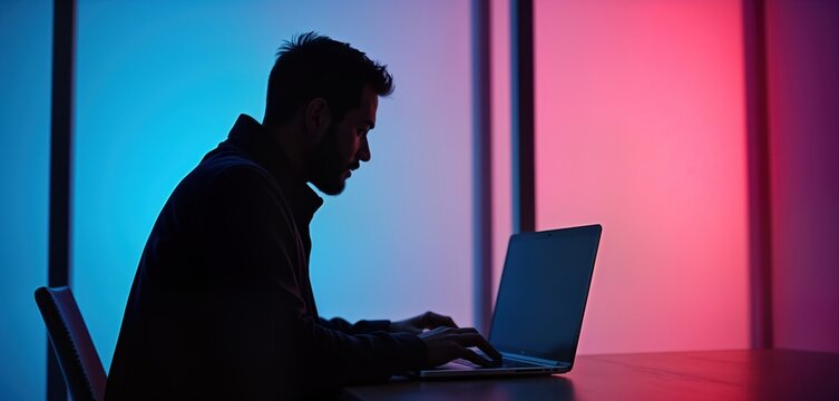 Man working on laptop in modern minimal office. Colorful pink, blue minimalist design. Silhouette style. Business person using computer. Potential uses include marketing presentations modern creative