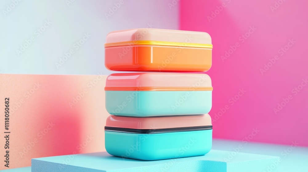 Poster colorful and modern thermal lunch box with visible layers, floating in an abstract 3d studio setup