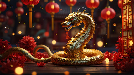 Obraz premium Chinese Lunar New Year snake, year of the snake. Golden snake on a red background with lanterns
