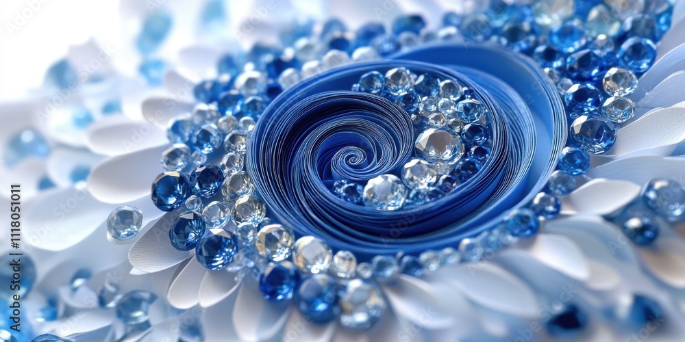 Poster swirling patterns of blue hues and crystal reflections create a mesmerizing floral design in an arti