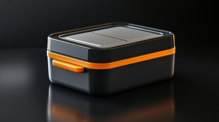 Compact thermal lunch box design, showcasing layered details, rendered on a glossy black surface for contrast