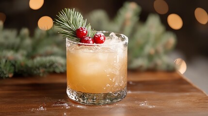 Refreshing cocktail garnished with berries and herbs.