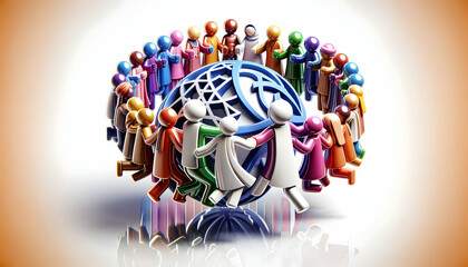 Obraz premium 3D Glossy Interfaith Dance concept as Diverse individuals performing an interfaith dance against a glossy background showcasing unity and joy for World Religion Day magazine advertisement with copy sp