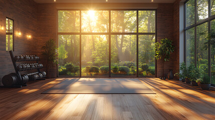 An inspiring photography of a scenic home gym backdrop with modern workout equipment, wooden flooring, and large windows letting in natural light.