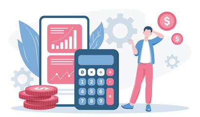 Man with calculator. Young guy near smartphone with graphs. Investor and trader. Financial literacy and passive income. Analyst conducting marketing research. Flat vector illustration