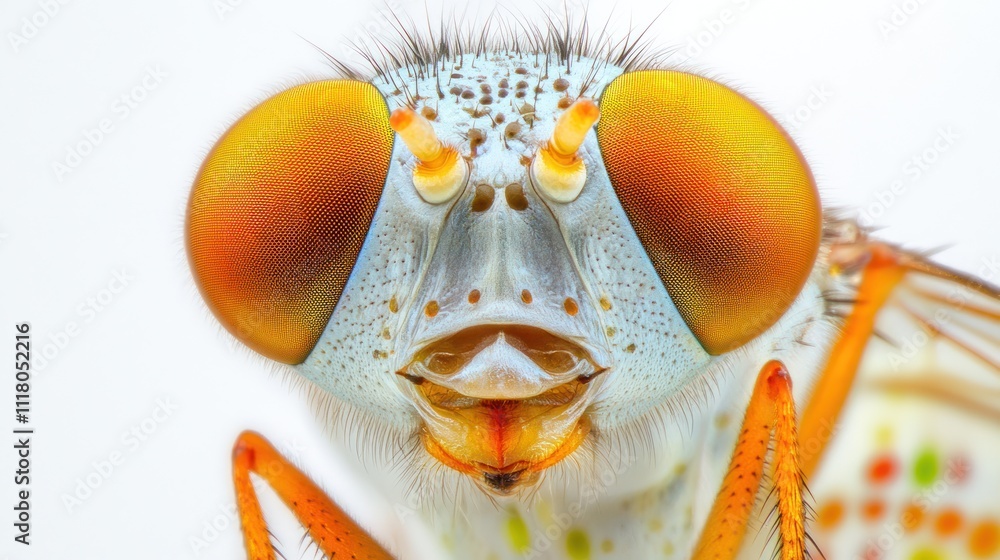 Poster a close-up image of a colorful insect's face, showcasing its intricate features.