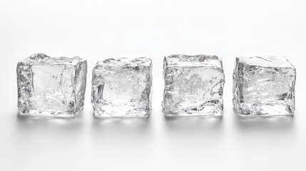 Four clear ice cubes arranged neatly on a white surface.