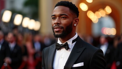 Elegant black man walks red carpet. Handsome man in sleek black tuxedo exudes sophistication. Fashion choices pay homage to powerful black stars. Event atmosphere glamorous. Experiencing moment of