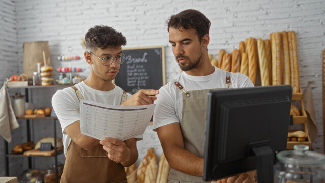 Bakers working together in a bakery shop, with two men discussing a document, surrounded by bread and pastries, focused on managing tasks using a computer. - Powered by Adobe