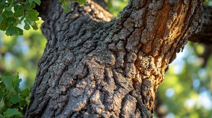Close-up of textured tree bark illuminated by sunlight.