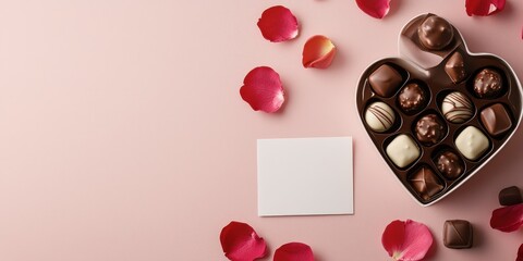 Romantic Chocolate Gift Box Surrounded by Pink Rose Petals on Soft Pink Background Perfect for Special Day Celebrations and Love Expressions