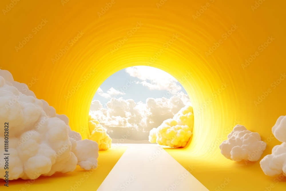 Poster abstract minimalist 3d render featuring yellow background and white clouds emerging from tunnel